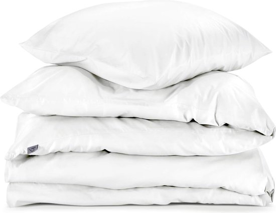 Parure de lit en satin Mako, 100 % coton, respirant et doux, uni, 2 pièces, 135 x 200 cm + 80 x 80 cm (blanc).
