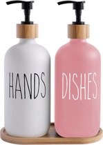 Glazen zeepdispenserset, bevat glazen handzeepdispenser en glazen kom zeepdispenser. Matzwarte zeepdispenser geschikt voor de keuken zeepdispenser, badkamer keuken decor (roze)