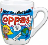 Mok - Snoep - Voor de allerbeste Oppas - Cartoon - In cadeauverpakking met gekleurd krullint