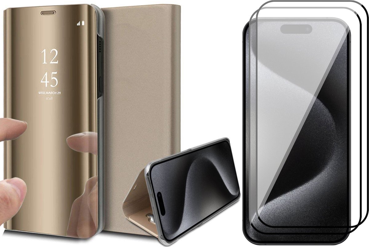 Hoesje geschikt voor iPhone 15 Pro - 2x Screen Protector FullGuard - Book Case Spiegel Goud & Screenprotector