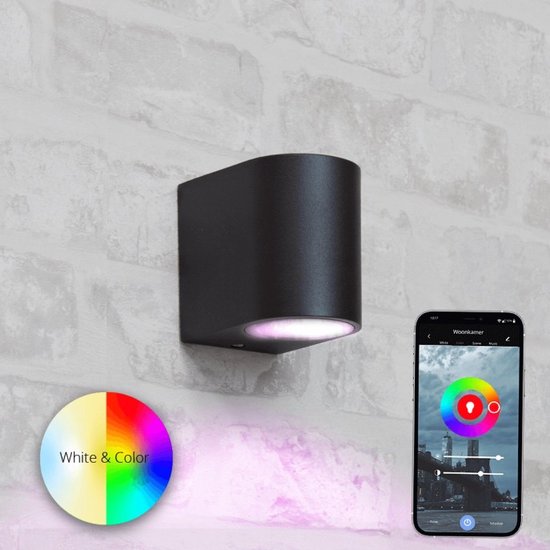 Zwarte wandlamp voor buiten met Zigbee GU10 spot - Rond - Werkt met de bekende verlichting apps