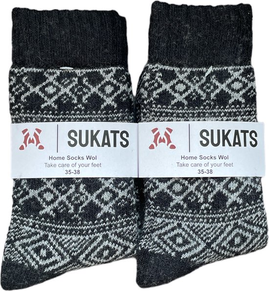 Sukats® Huissokken - 2 Paar - Maat 35-38 - Zwart - Huissokken Dames - Warme Sokken - Wollen Sokken - Slofsokken - Bedsokken - Meerdere Maten en Varianten