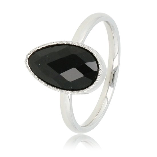 My Bendel - Zilverkleurige ring met getwist randje en zwarte glassteen - Zilverkleurige ring met getwist randje en zwarte glassteen - Met luxe cadeauverpakking