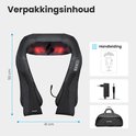 Zwart nek- en schoudermassageapparaat van 50x41cm, met oplaadkabel, handleiding en opbergtas.