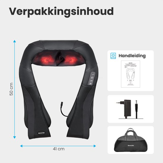 Zwart nek- en schoudermassageapparaat van 50x41cm, met oplaadkabel, handleiding en opbergtas.