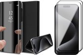 Hoesje geschikt voor iPhone 15 Pro - 2x Screen Protector FullGuard - Book Case Spiegel Zwart & Screenprotector