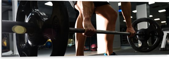 Dibond - Mens - Spieren - Schoenen - Oefening - Sporten - Fitness - Sportschool - Gewichten - 120x40 cm Foto op Aluminium (Wanddecoratie van metaal)
