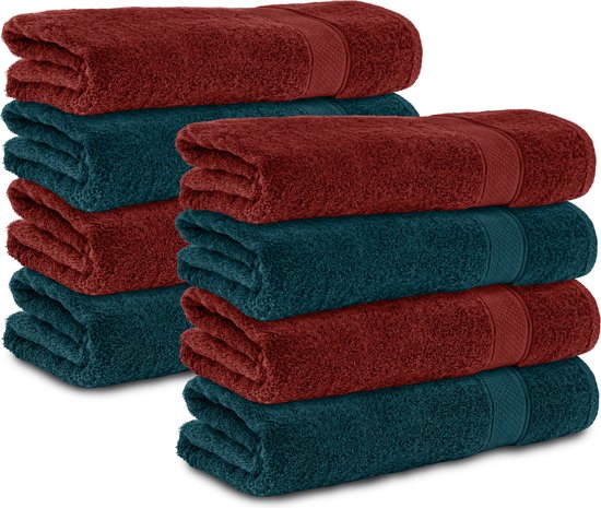 Komfortec 8x Handdoek 70x140 - 100% Katoen – Handdoekenset - Zacht - Petroleumblauw&Rood