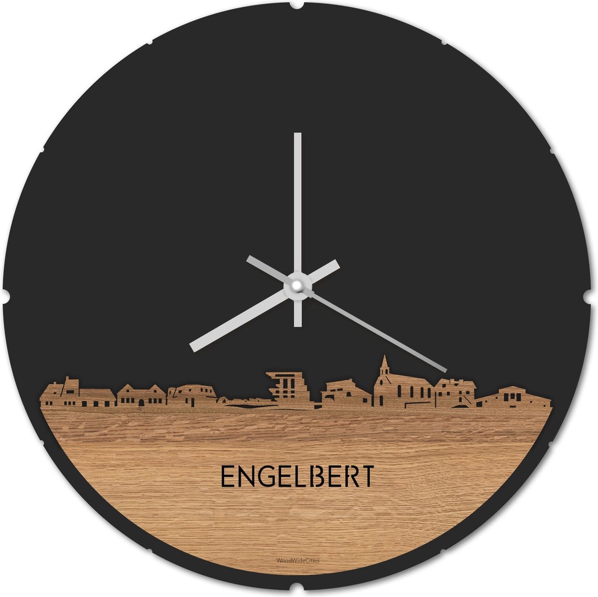 Skyline Klok Rond Engelbert Eikenhout - Ø 44 cm - Stil uurwerk - Wanddecoratie - Meer steden beschikbaar - Woonkamer idee - Woondecoratie - City Art - Steden kunst - Cadeau voor hem - Cadeau voor haar - Jubileum - Trouwerij - Housewarming -