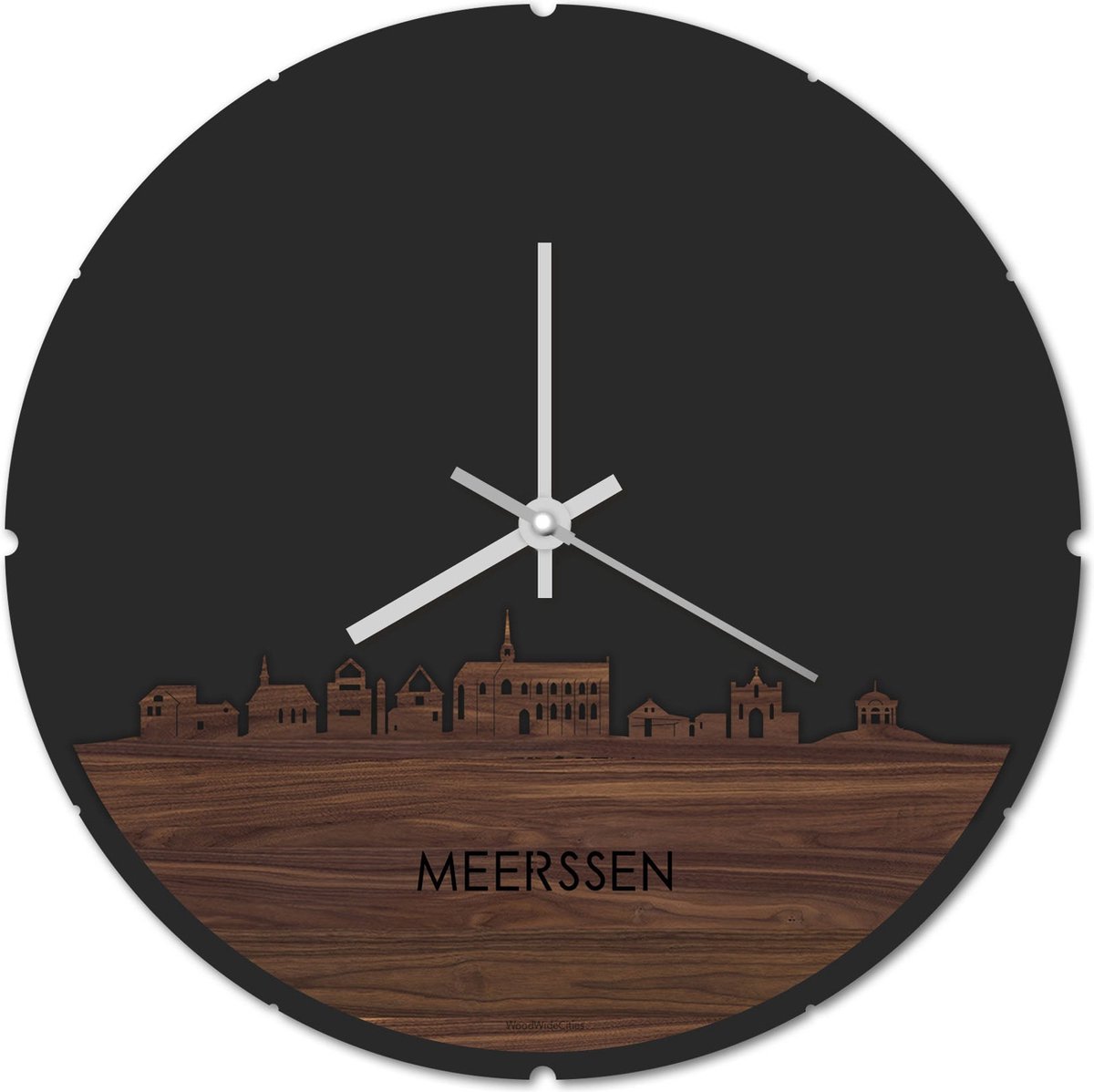 Skyline Klok Rond Meerssen Notenhout - Ø 44 cm - Stil uurwerk - Wanddecoratie - Meer steden beschikbaar - Woonkamer idee - Woondecoratie - City Art - Steden kunst - Cadeau voor hem - Cadeau voor haar - Jubileum - Trouwerij - Housewarming -