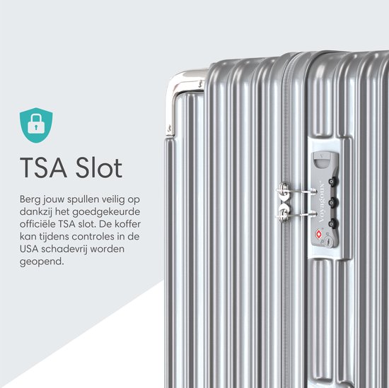 Zilverkleurige koffer met TSA-slot voor veiligheid in de USA.