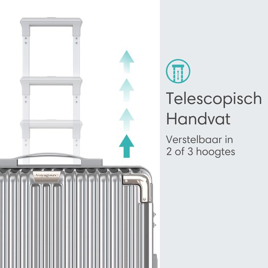 Zilverkleurige koffer met telescopische handgreep, verstelbaar in 2 of 3 hoogtes.