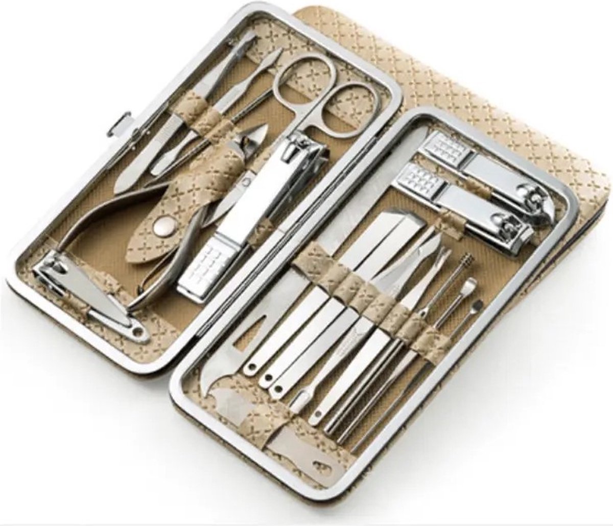 Goedkoopste 19-delige Professionele Manicure Set & Pedicure set met Nagelvijl & Nageltang – Nagelset met Nagelschaartje & Huidverzorging – Manicure Etui - Nagelknipper - behandeling nagels en huid (Champagne / Gold