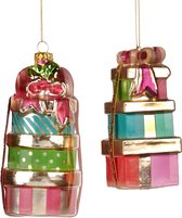 Viv! Christmas Kerstornament - Opgestapelde Kerstcadeaus - set van 2 - glas - diverse kleuren - 13,5cm