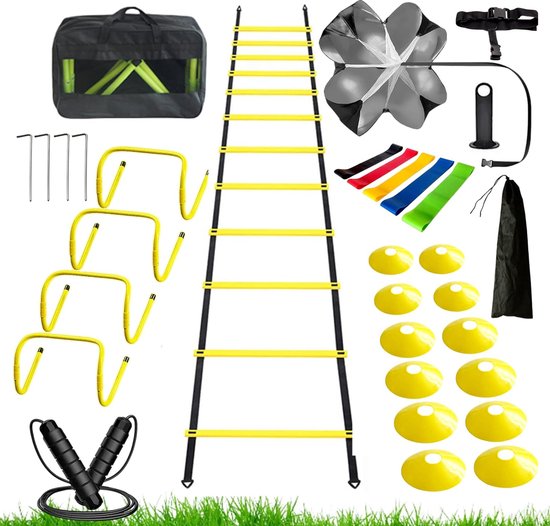 Foto: Sport trainingsmateriaal 26 delig geel voetbal spullen loopladder 6 meter weerstand parachute pionnen set trainingshoedjes horden springtouw weerstandsbanden training materiaal agility speed ladder running artikelen