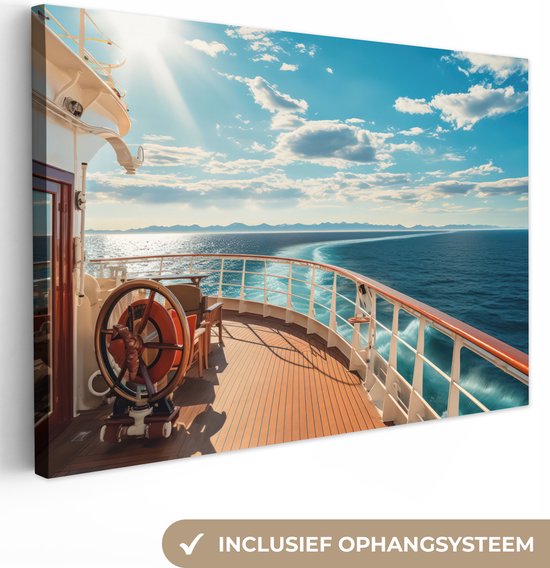 Tableau sur toile Bateau - Water - Mer - Navigation - Montagnes - Soleil - Maritime - 180x120 cm - Décoration murale XXL