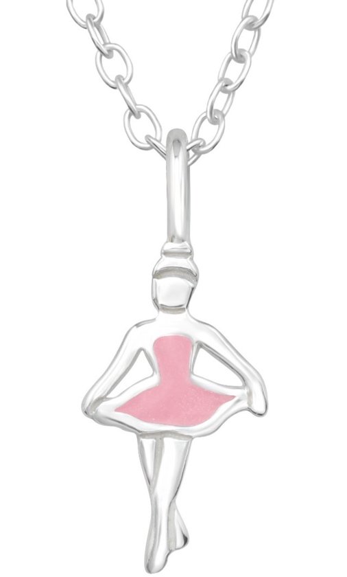 Joy|S - Zilveren ballerina danseres hanger met ketting - zilver met roze - ketting 39 cm met extra oogje op 36 cm (verstelbaar) - voor kinderen