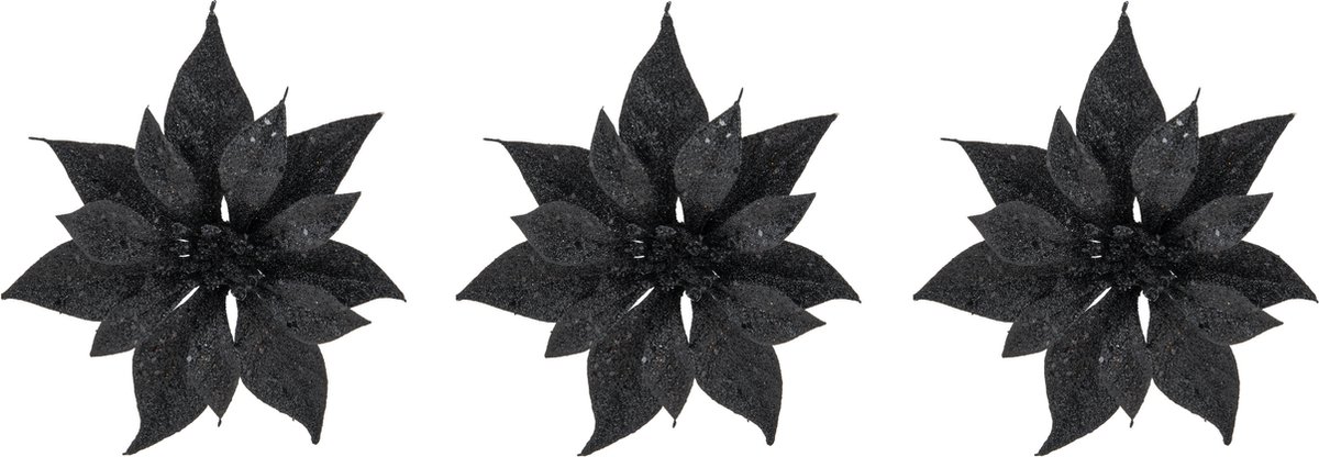 4x stuks decoratie bloemen kerststerren zwart glitter op clip 18 cm - Decoratiebloemen/kerstboomversiering