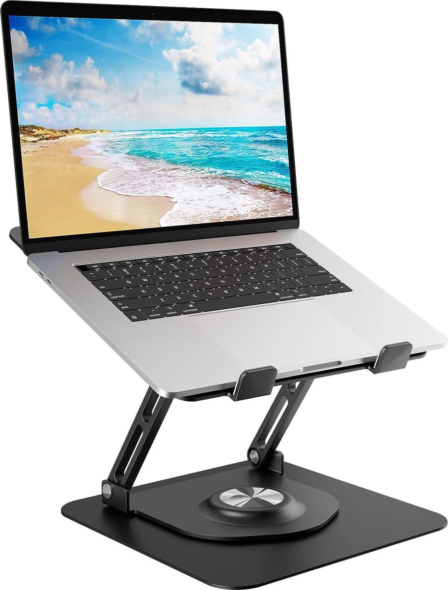 Laptopstandaard met 360° draaibare ronde basis, in hoogte verstelbare ergonomische laptopstandaard, geventileerde computerstandaard, opvouwbare stabiele laptophouder van aluminium voor bureau