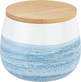 Opbergdoos Mala 1 L, hoogwaardige keramische doos in wit met aquarel decor in blauw, FSC® gecertificeerd bamboe teak met siliconen ring voor luchtdichte opslag, Ø 13 x 13,5 cm