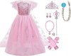 Prinsessenjurk roze - kroon - toverstaf - handschoenen - juwelenset - vlecht
