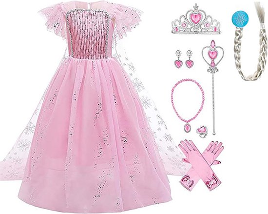 Prinsessenjurk meisje - Elsa jurk - Het Betere Merk - Prinsessen speelgoed - Roze jurk - Carnavalskleding kinderen - Prinsessen verkleedkleding - 146/152(150) - Juwelenset - Lange handschoenen - kroon - Tiara - Toverstaf - Haarvlecht - Kleed