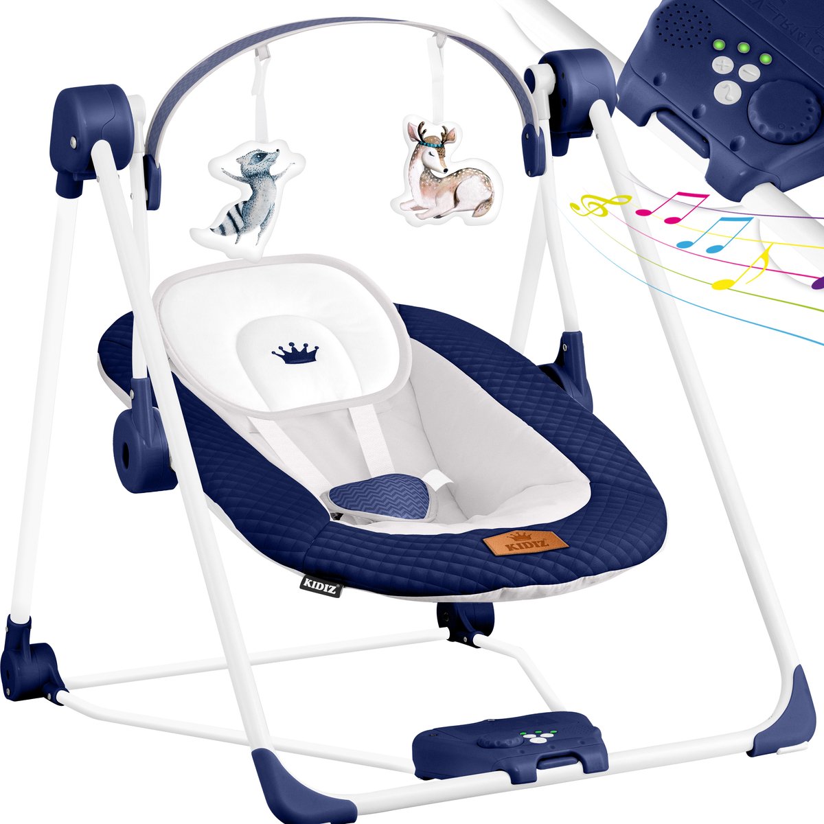 KIDIZ® Wipstoel Baby Elektrisch Babyschommel tot max 9kg - Schommelstoel voor Baby Swing met Speelboog en 5 schommelsnelheden - Marineblauw