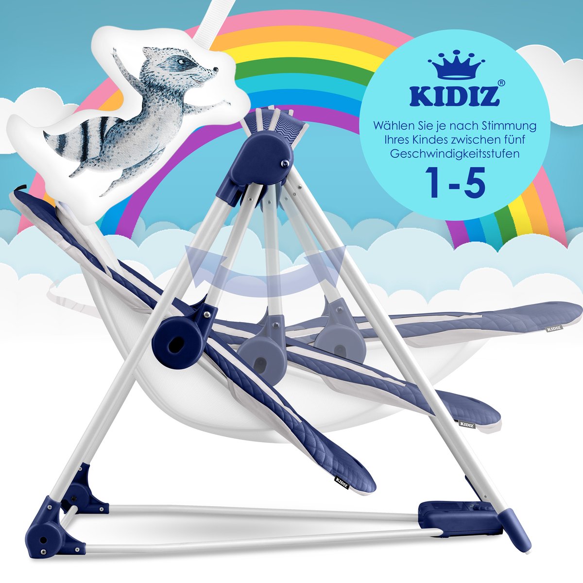 KIDIZ Wipstoel Baby Elektrisch Babyschommel tot max 9kg - Marineblauw thumbnail 4
