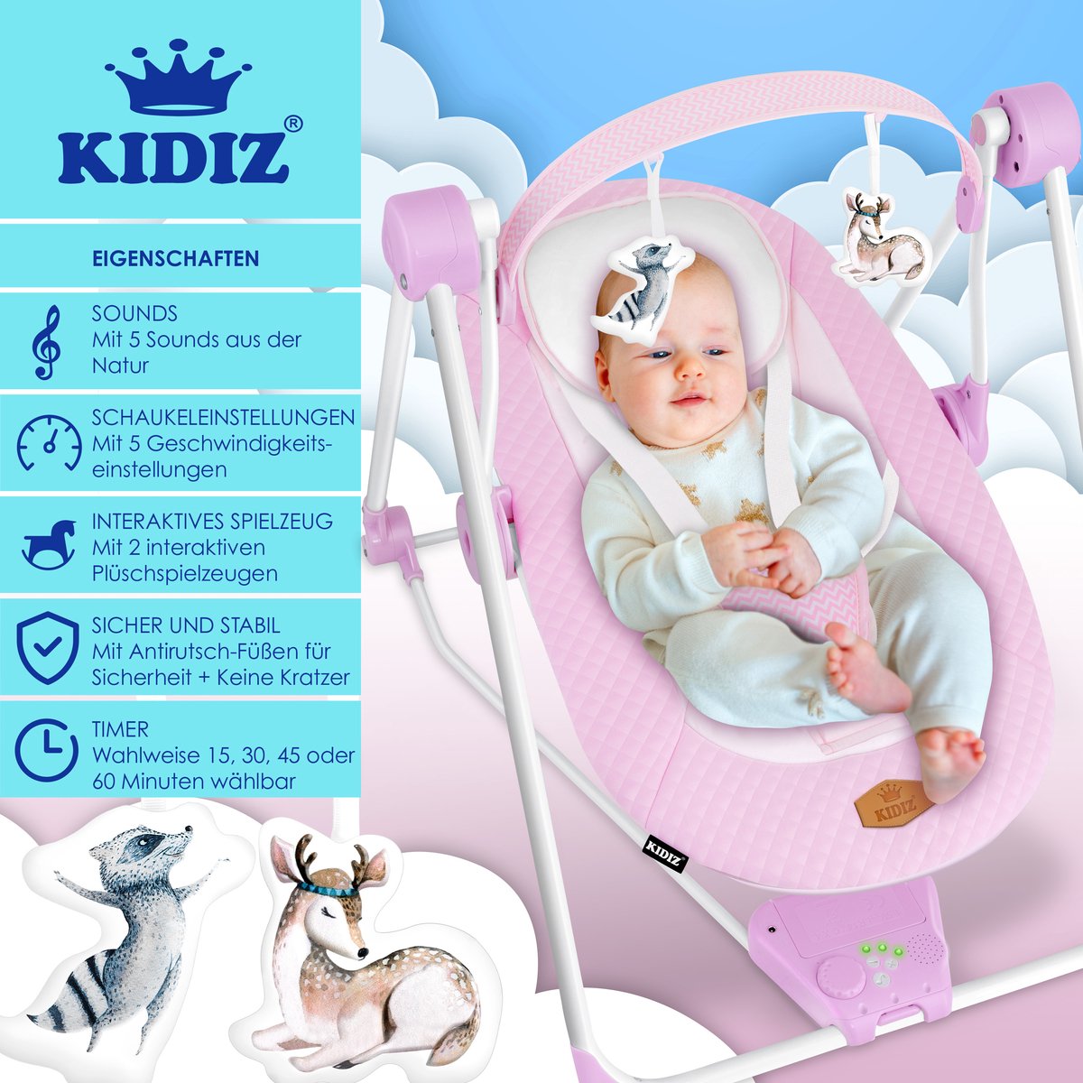 KIDIZ Wipstoel Baby Elektrisch Babyschommel tot max 9kg - Roze thumbnail 4