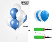 600x Ballon de Luxe bleu/blanc 30cm + 2x pompe double action - biodégradable - party de Festival fête anniversaire pays thème hélium air