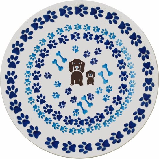 Bord Ø 19,5 cm, origineel Bunzlauer keramiek, handgemaakt, dessertbord, ontbijtbord, hoogwaardig cadeau in landelijke stijl, voor kinderen, voor kinderen, voor heren en voor verjaardag, decoratie, hondenfamilie