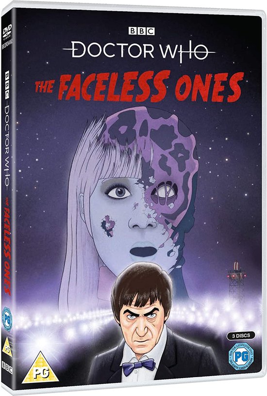 De cover van de Doctor Who DVD 'The Faceless Ones' toont een anime-stijl illustratie met de Doctor op de voorgrond, een vrouwelijke figuur met een deels verwoest gezicht erachter, en een sterrenhemel.