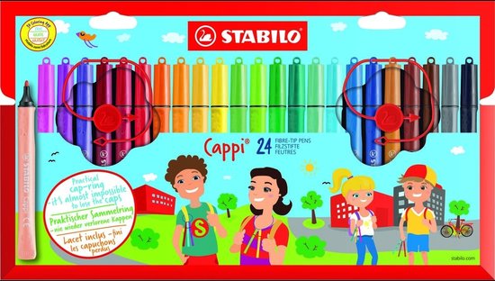 STABILO Cappi - Viltstift - Nooit Meer Je Dop Kwijt Dankzij De Dopring - Etui Met 24 Kleuren + 2 Dopringen - STABILO