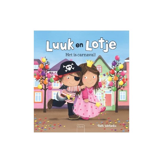 Luuk, een jongen met een piratenkostuum, omhelst Lotje, een meisje in een prinsessenjurk, op straat vol confetti.