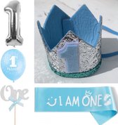 Set de 10 cake smash bleu avec argent et blanc - premier - 1 - anniversaire - chapeau - cake smash - ceinture - ballon - fête d'enfants