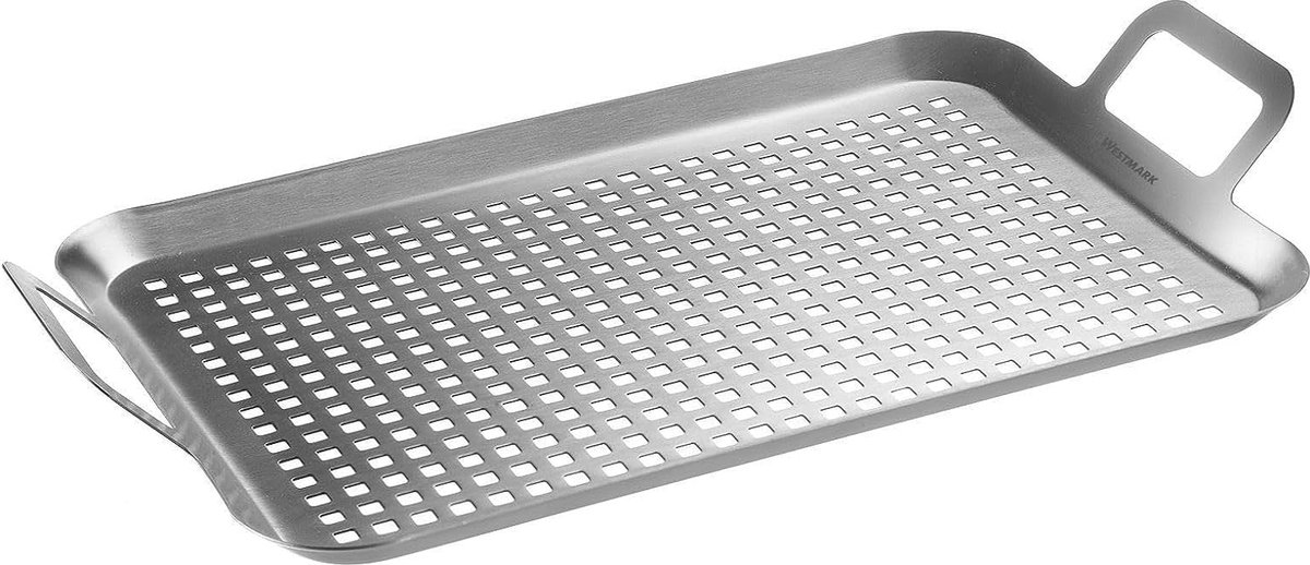 Grillpan plat en large, praktisch voor het grillen van groenten, vele en andere lekkernijen, duurzaam, vaatwasmachinebestendig, roestvrij staal
