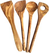 4 cuillères de cuisine classiques, set de 4 bois d'olivier, rondes, avec angle, spatule, cuillère à risotto (set de 4)