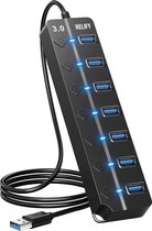 Relify USB 3.0 HUB - USB Splitter - USB Hub - 7 Poorten - 5Gbps - Blauw LED indicatie - Aan/Uit Switch - 30CM Kabel - Zwart