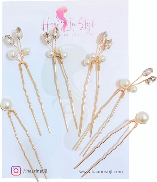 Haar in Stijl® Lulu Serie - Set van 6 gouden haarsteken met kristallen en parels - dames haaraccessoires voor bruiloft feest verloving - haarsteek haarpin goud