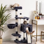 Krabpaal met bak, stabiele kattenboom voor grote en kleine katten, kattenkrabpaal met krabplank, hangmat, XXL kattenmand, rookgrijs