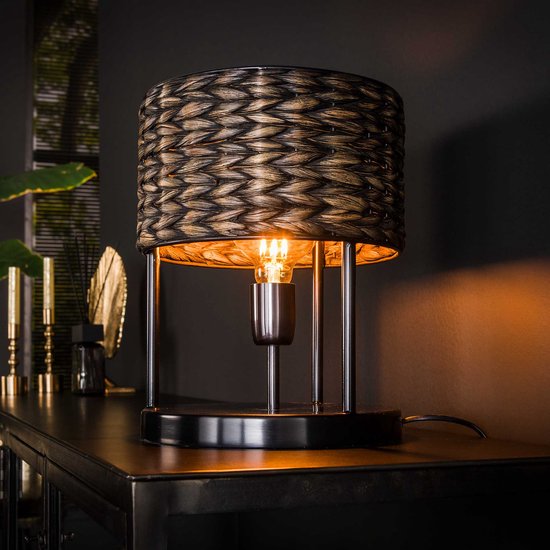 Landelijke tafellamp Tower Waterhyacint | 1 lichts | bruin / zwart | hout / metaal | Ø 26 cm | 33 cm hoog | dimbaar | modern / sfeervol design