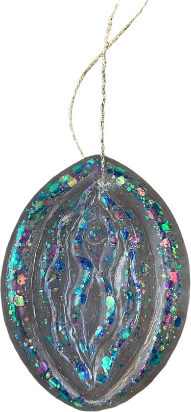 Foto: Crazy kerstboomhanger in de vorm van een flamoes vagina deze kan je in de kerstboom hangen als decoratie en als kunstobject kleur transparant blauw holografische glitter