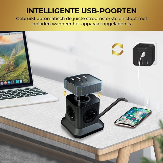 Voomy 20W Snellader Stekkerdoos met USB-C & USB-A – 2x AC Stopcontacten – GaN Chipset – Power Socket tot 4000W – Aan/Uit Schakelaar – 2m Nylon Kabel ( Zwart, 20W