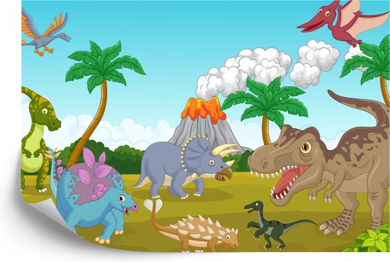 Fotobehang Kleurrijke Dinosaurussen En Vulkaan