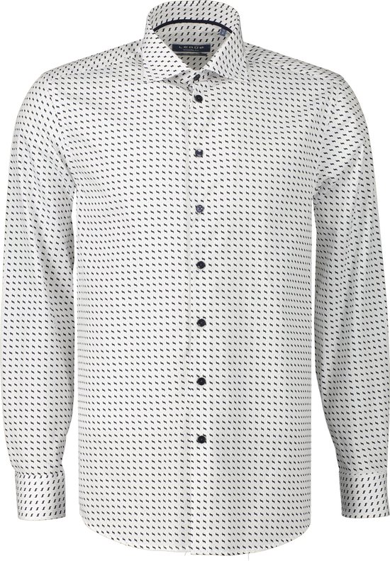 Ledub modern fit overhemd - wit met blauw en beige dessin - Strijkvriendelijk - Boordmaat: 46
