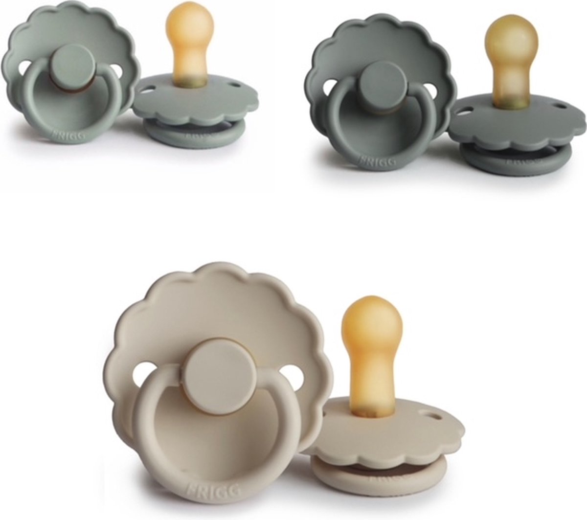Goedkoopste FRIGG DAISY Fopspeen set 3 stuks Sage,french Gray en Sandstone 6-18 maand