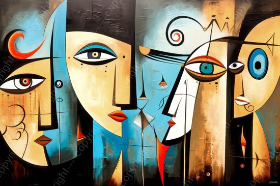 JJ-Art (Aluminium) 60x40 | Gezichten vrouwen, abstract, Picasso, Joan Miro, kubisme, kunst | bruin, blauw, rood, zwart, modern | foto-schilderij op dibond, metaal wanddecoratie