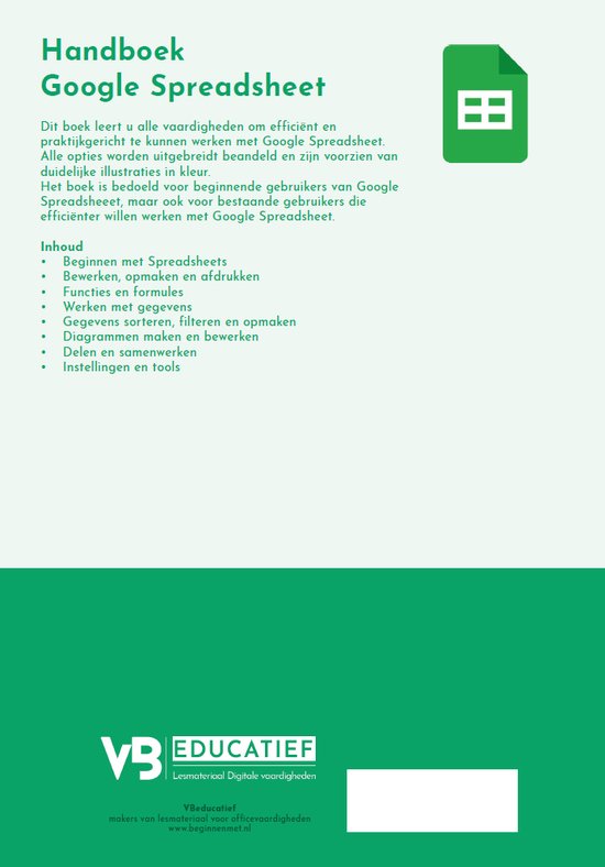 Handboek Google Spreadsheet met een iconische weergave van het Google Sheets logo. Met inhoudsopgave.