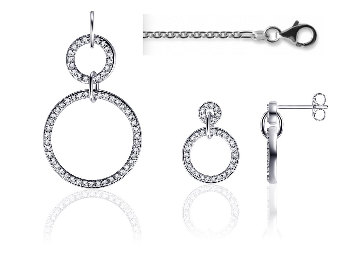 Schitterende SET : Zilveren Halsketting + Oorbellen met Zirkonia's Rondjes | Geschenk | Sieradenset