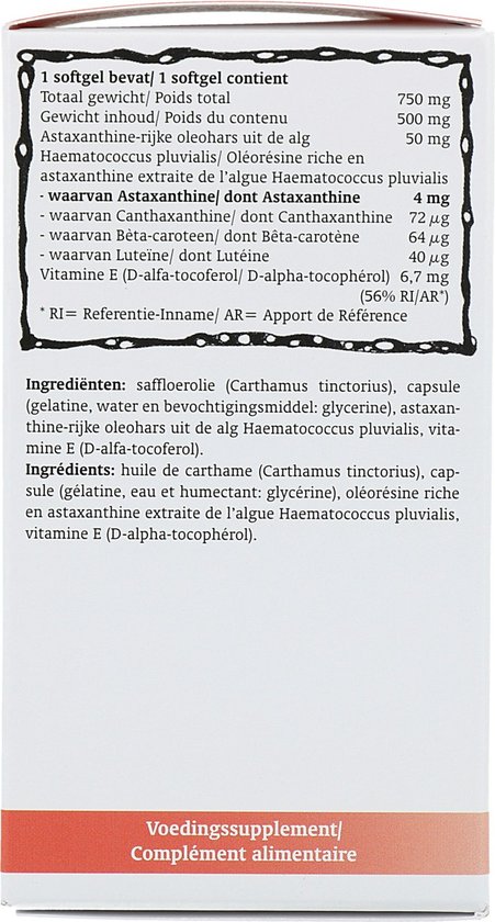 Achterkant van de doos met ingrediënten en voedingswaardetabel.